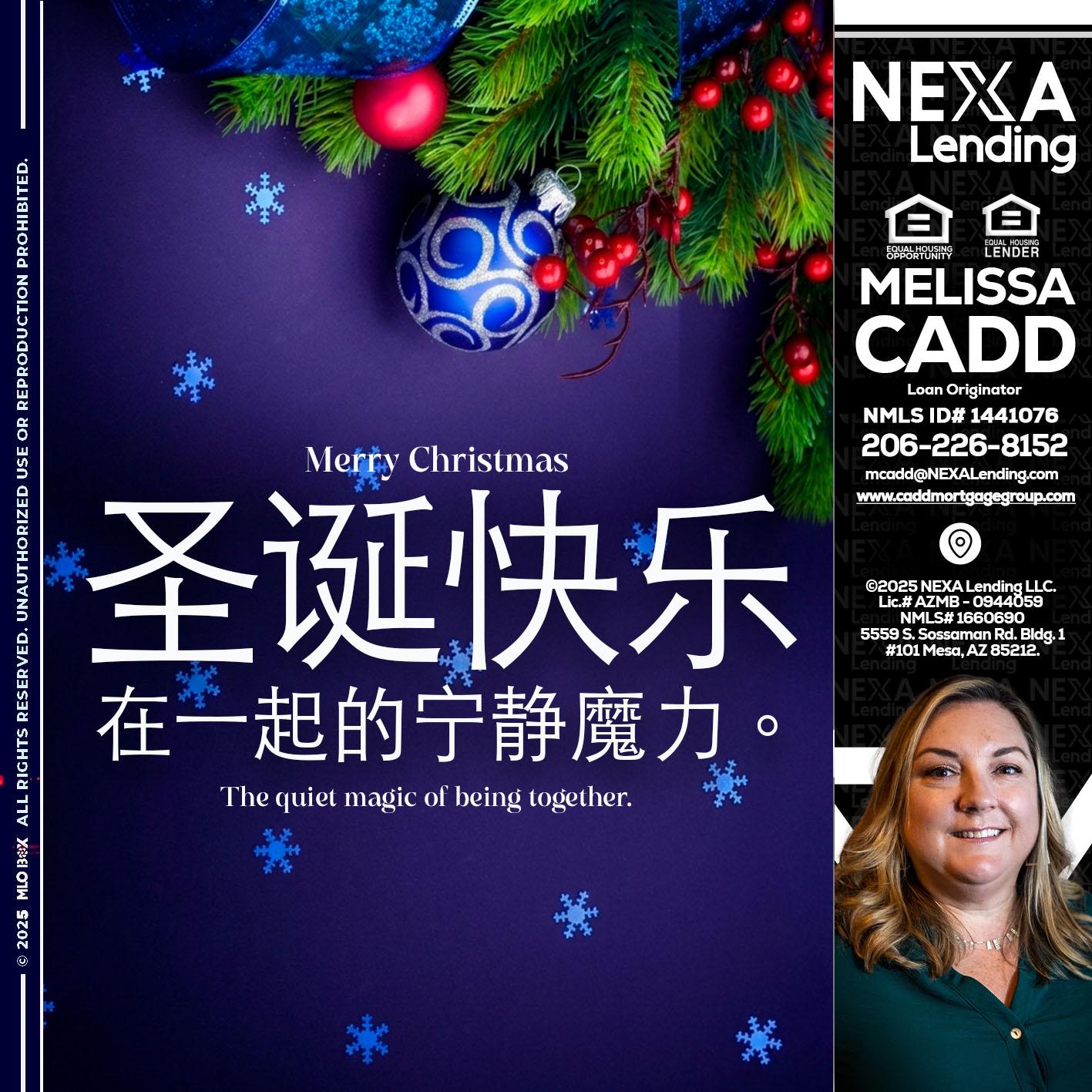 圣诞快乐 在一起的宁静魔力。 - Melissa Cadd -Loan Originator